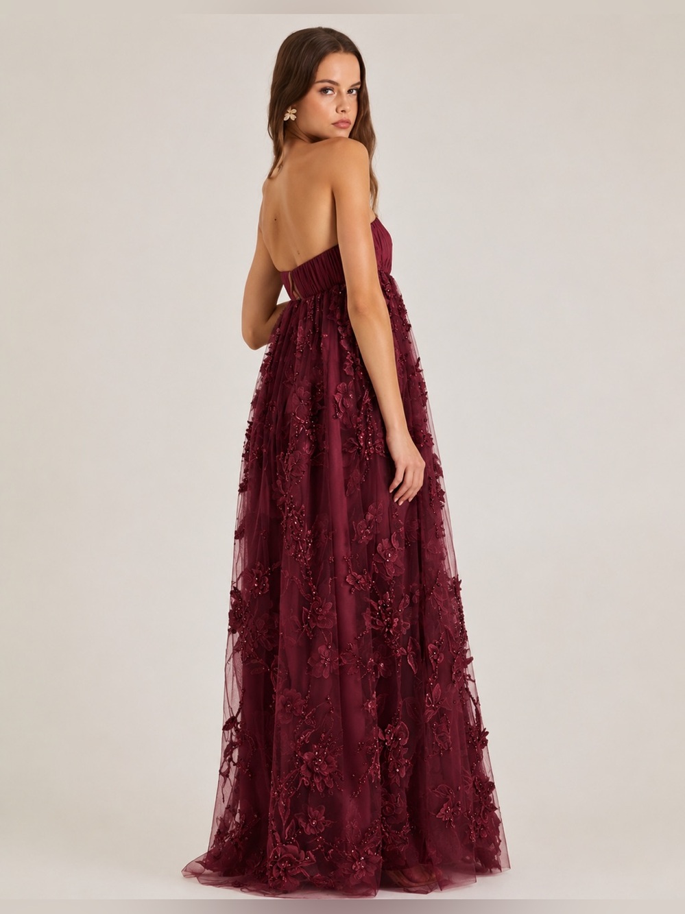 HELSI BEATRICE EMPIRE WAIST 3D FLORAL GOWN in Burgundy/ Nude Size XS Preloved